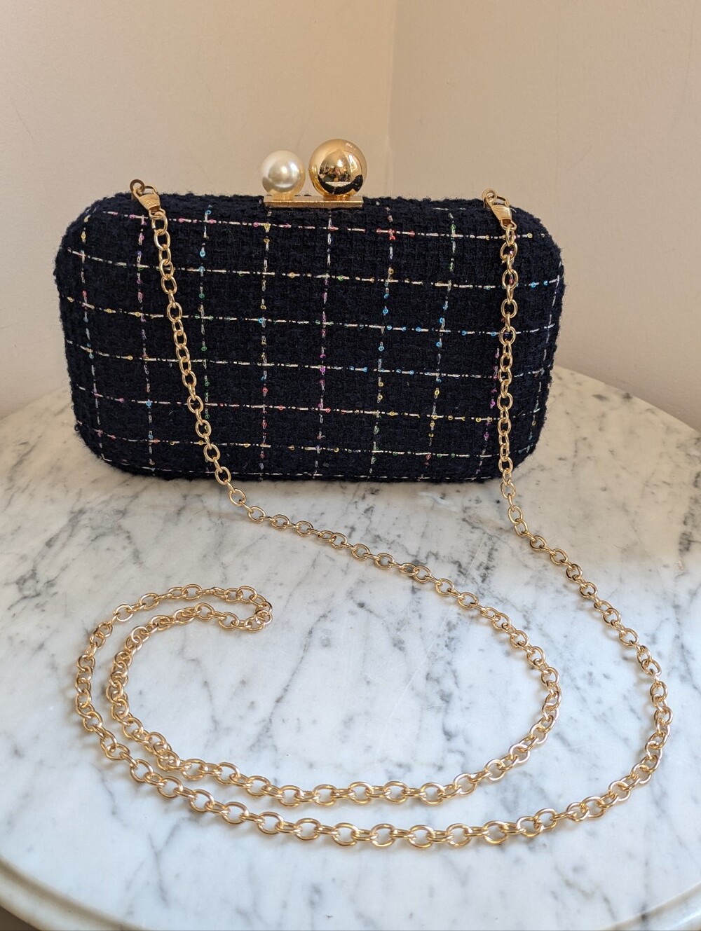 Navy Blue Tweed Pearl-Top Chain Clamshell Purse Shiraleah Chicago